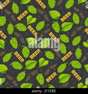 Seamless pattern on the theme of a drink beer. Hops, bubbles, text. Vector illustration. Hand drawing. Stock Vector