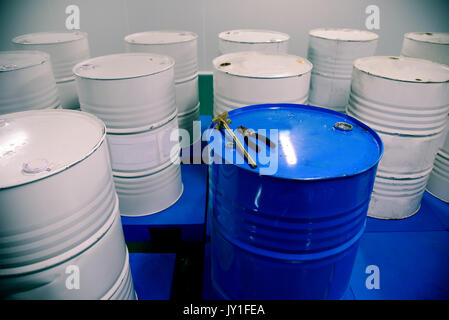 Group of barrels with chemistry at factory workshop Stock Photo