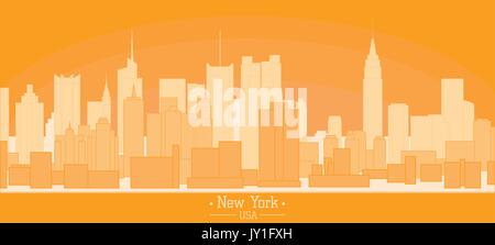 Linear banner of New York city buildings landmarks day skyline silhouette vector illustration. Cityscape orange color Line art USA nyc modern flat pan Stock Vector