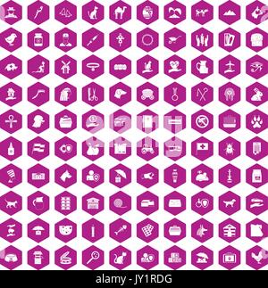 100 pets icons hexagon violet Stock Vector