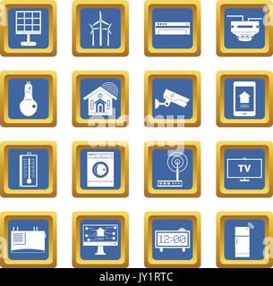 Smart home house icons set blue Stock Vector