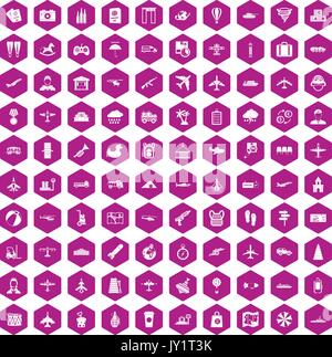 100 plane icons hexagon violet Stock Vector