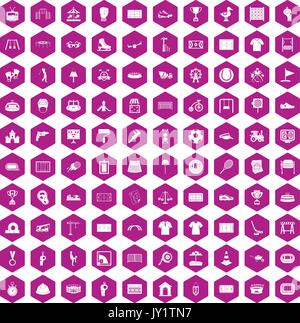 100 playground icons hexagon violet Stock Vector
