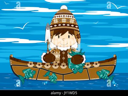 Cute Cartoon Inuit Fisherman with Spear and Fish Vector Illustration ...