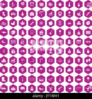 100 preschool education icons hexagon violet Stock Vector