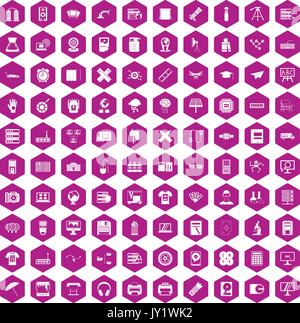 100 printer icons hexagon violet Stock Vector