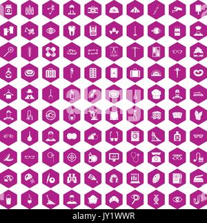 100 profession icons hexagon violet Stock Vector