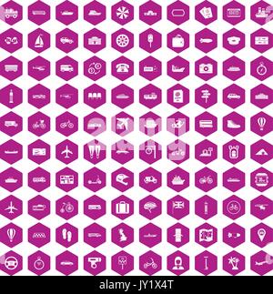 100 public transport icons hexagon violet Stock Vector