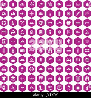 100 rafting icons hexagon violet Stock Vector
