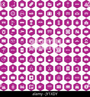 100 railway icons hexagon violet Stock Vector