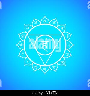 Vector fifth Vishuddha throat chakra with hinduism sanskrit seed mantra Ham and syllables on lotus petals. Outline contour white monochrome symbol wit Stock Vector