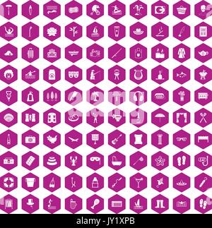 100 recreation icons hexagon violet Stock Vector