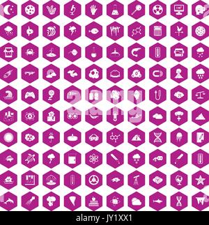 100 research icons hexagon violet Stock Vector