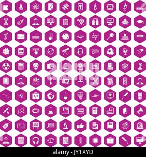 100 researcher science icons hexagon violet Stock Vector