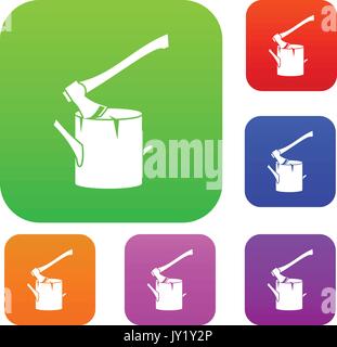 Axe stuck in a tree stump set collection Stock Vector