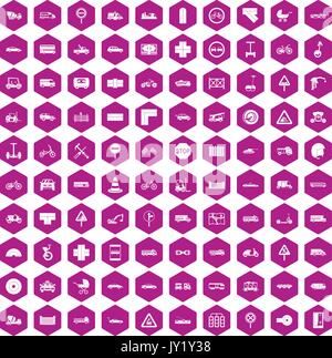 100 road icons hexagon violet Stock Vector