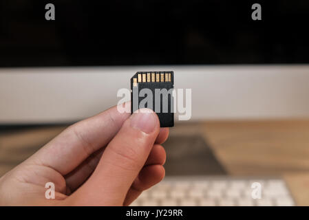 SD memory card in front of a desktop computer and keyboard Stock Photo