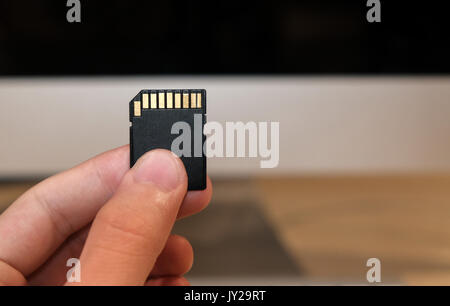 SD memory card in front of a desktop computer and keyboard Stock Photo