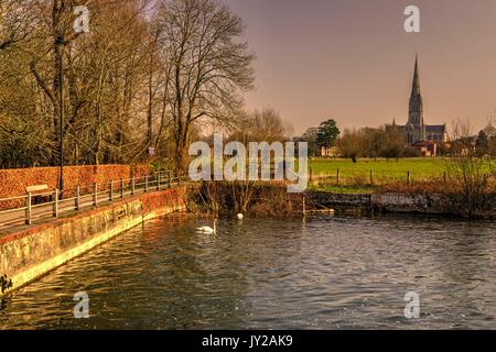 Salisbury Cathedral, seen from Harnham mill, (processed as an HDR image). Stock Photo