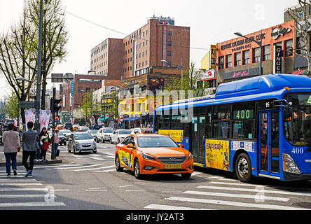 Seoul, Korea - April 08, 2017: Traffic street view Itaewon town in Seoul. Itaewon is widely known as one of the most ethnically diverse regions in Kor Stock Photo