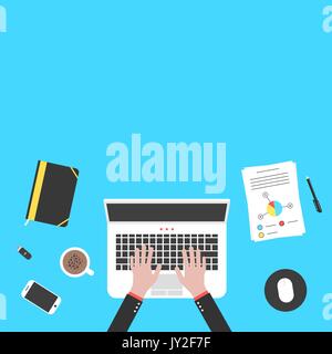 hands and office objects on blue desk top Stock Vector