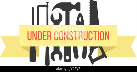 under construction on yellow ribbon with black tools Stock Vector