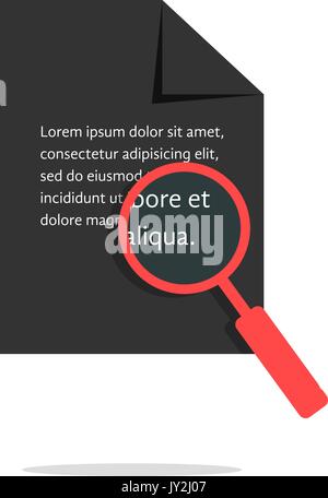 textual analysis with red magnifying glass on black sheet Stock Vector