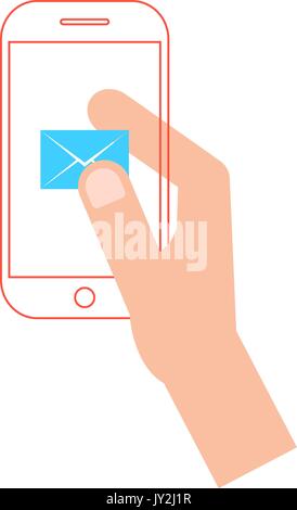 hand holding red outline smartphone with blue email icon Stock Vector