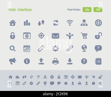 A set of 28 professional, pixel-perfect vector icons designed on a 32x32 pixel grid and redesigned on a 16x16 pixel grid for very small sizes. Stock Vector