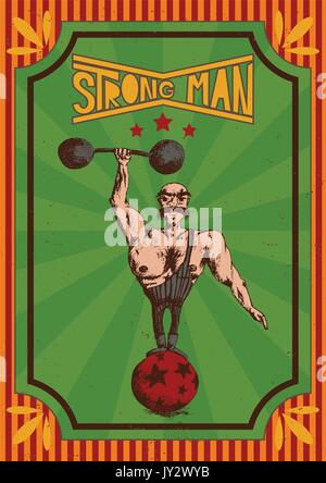 vector illustration  of hand drawn man on a vintage red orange and green poster with the inscription strong man Stock Vector