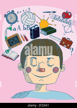 vector illustration of a hand drawn kid with closed eyes and thinking about school with blue lines on pink background Stock Vector