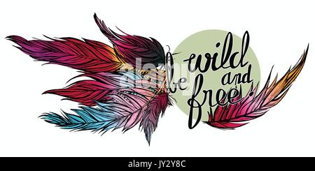 vector illustration of hand drawn colorful feathers with quote be wild and free on a blue grey circle Stock Vector