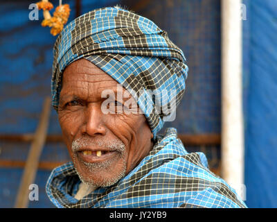 Old Indian Adivasi man wears a blue-checkered turban and poses for the camera. Stock Photo