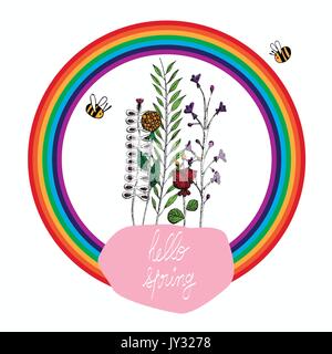vector illustration of a bouquet of hand drawn flowers and bees in a flat design round rainbow and with a pink sign with the inscription hello spring Stock Vector