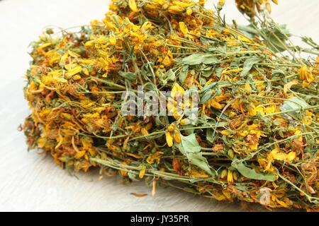 Dried hypericum perforatum on wooden table Stock Photo