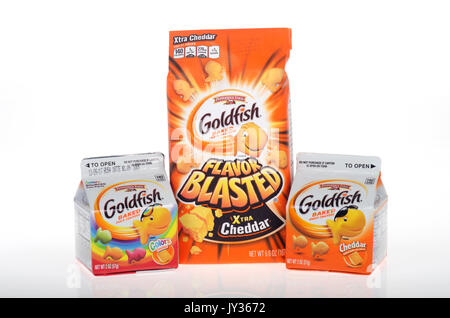 Unopened containers  of Pepperidge Farm Goldfish baked crackers on white background. USA Stock Photo