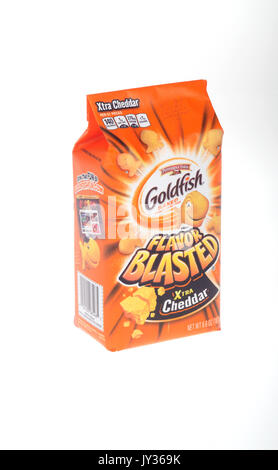 Unopened bag of xtra cheddar flavor blasted Pepperidge Farm Goldfish baked crackers on white background, isolated. USA Stock Photo