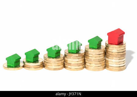Housing market. British pound coins isolated on white background with red and green wood toy houses. Symbols of borrowing, loans, debt and mortgages Stock Photo