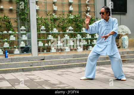 A Chinese man in traditional Chinese dressing practicing Tai Ji at Yu Yuan Tan park in Beijing, China Stock Photo