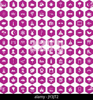 100 scenery icons hexagon violet Stock Vector