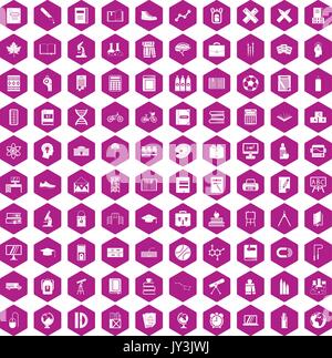 100 school icons hexagon violet Stock Vector