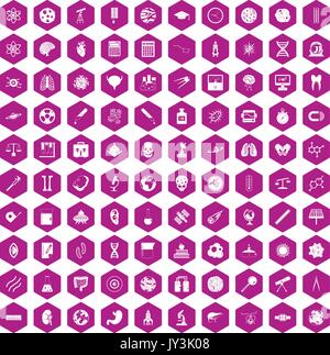 100 science icons hexagon violet Stock Vector