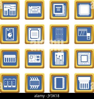 Computer chips icons set blue Stock Vector