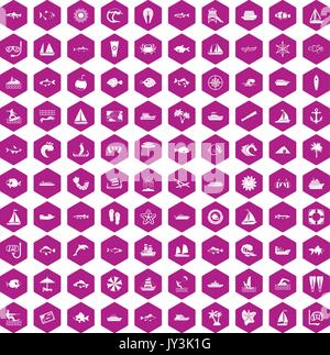 100 sea icons hexagon violet Stock Vector
