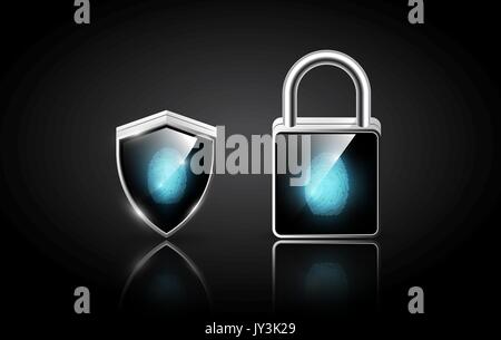 Fingerprint on realistic modern padlock and shield, security system protection concept, transparent vector illustration Stock Vector