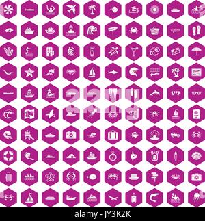 100 sea life icons hexagon violet Stock Vector