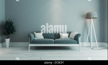 blue color living room interior design with blue seat and green plant 3D rendering Stock Photo