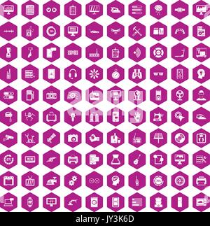 100 settings icons hexagon violet Stock Vector