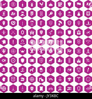 100 shield icons hexagon violet Stock Vector