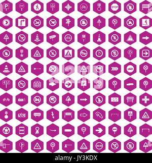 100 road signs icons hexagon violet Stock Vector